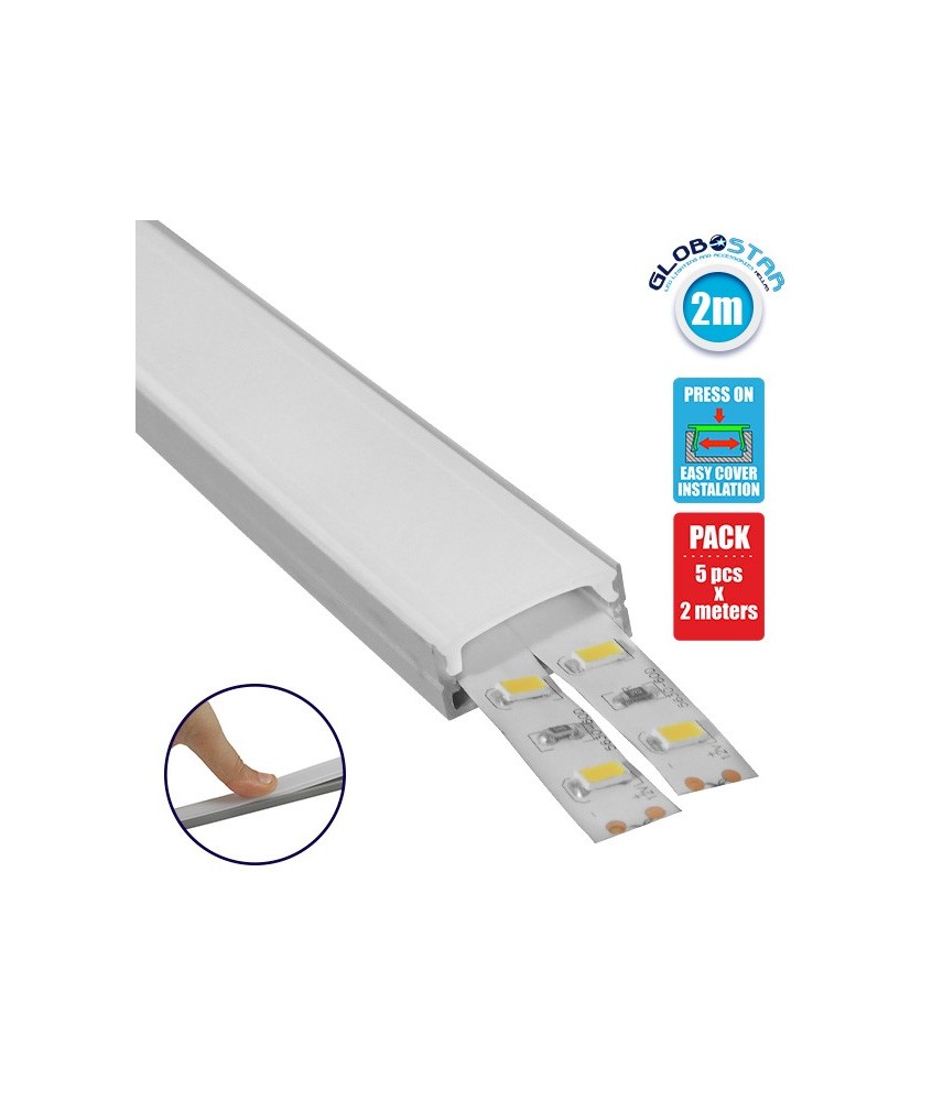 GloboStar® SURFACE-PROFILE 70809-2M Προφίλ Αλουμινίου - Βάση & Ψύκτρα Ταινίας LED με Λευκό Γαλακτερό Κάλυμμα - Επιφανειακή Χρήση - Πατητό Κάλυμμα - Ασημί - 2 Μέτρα - Πακέτο 5 Τεμαχίων - Μ200 x Π2.4 x Υ1.1cm